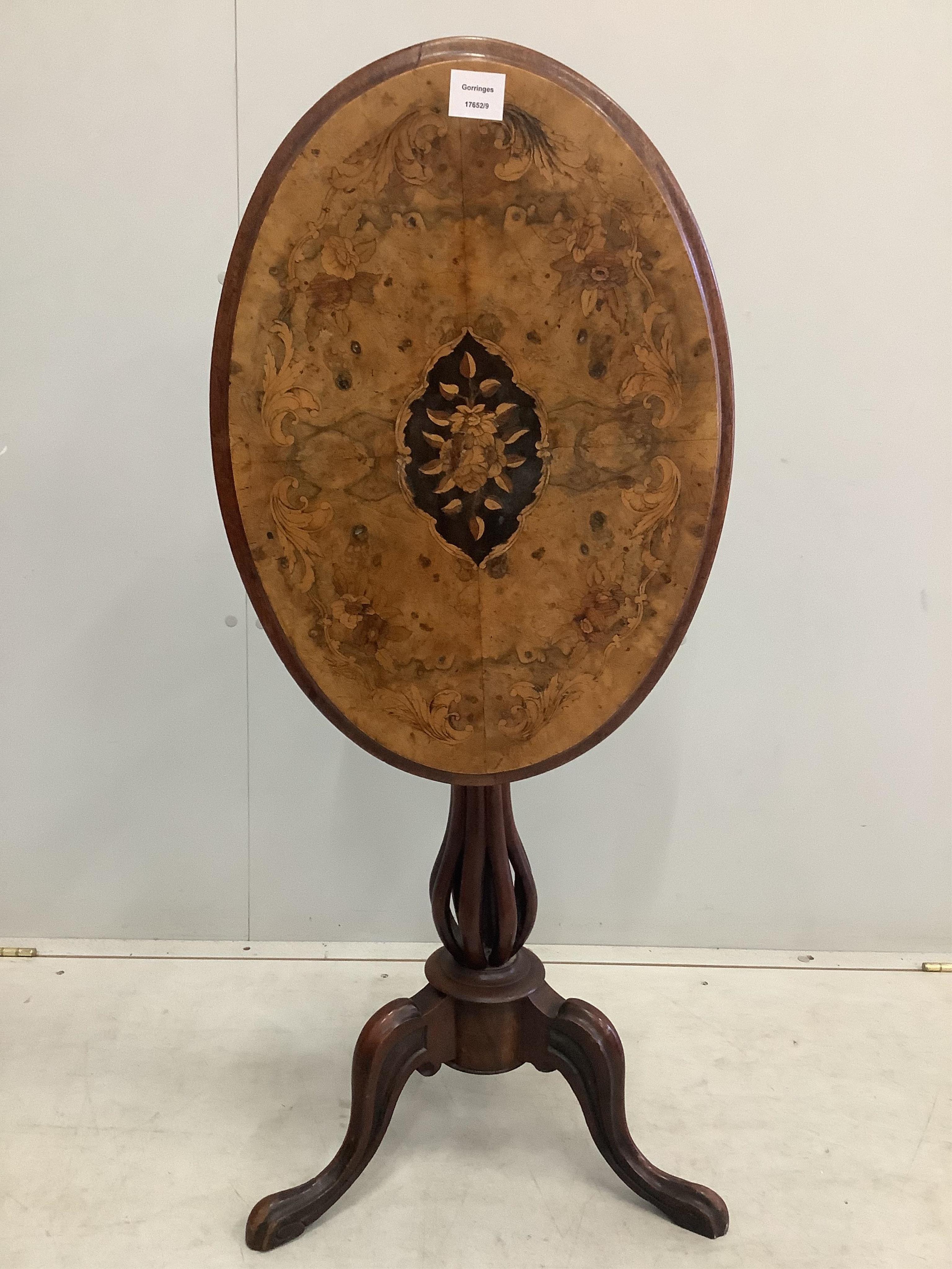 A Victorian marquetry inlaid oval walnut tripod wine table, width 60cm, depth 40cm, height 69cm